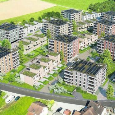 Weitere Grossüberbauung - So soll das Widacherquartier nach 2032 aussehen. Die 2. Etappe bilden die zwei Häuserreihen links. Bild: zg