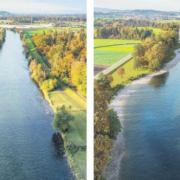 Hier ist es am dringendsten - Bilder: pd Vorher (links) und nachher – der gleiche Reussabschnitt im Oberen Freiamt. Der Damm soll an einigen Stellen rückverlegt werden.