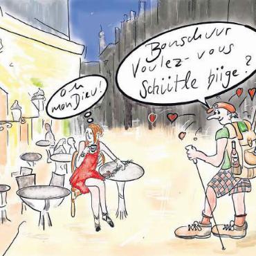 Lernen mit Spass – avec plaisir - «Oh mon Dieu, das Französisch und wir Deutschschweizer», schreibt Karikaturistin Etschgi. Für dieses Bild habe sie mit ihrer Nachbarin gesprochen. «Elle vient de Neuchâtel» und sie gefragt: «Du, wie ist das eigentlich mit dem Deutschlernen in der Romandie?» – «Oh, là, là – Deutsch ist fürchterlich schwierig, all die verschiedenen Fälle, Akkusativ und so weiter! Horrible! Also, das macht uns allen keinen Spass, die anderen Sprachen unseres Landes zu lernen.» Und doch ist es für die Verständigung sehr wichtig. Etschgi: «Vielleicht sollten wir beim Wort Spass ansetzen und die Sprachen lebendig machen, vom Zwang befreien, vom schriftlichen Lernen ‹à la dictée› und von den Noten befreien, und alle, die sprachbegabt und freudig Französisch in der Primarschule lernen wollen, machen lassen, und wer Mühe hat, soll es sein lassen. Aber wir lernen mit Spass. Avec plaisir.» Bild: Etschgi