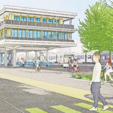 Gemeinsam in die ÖV-Zukunft - Begrünt, sicher und funktional als zentrale Bus- und Zugdrehscheibe Bremgartens. So stellen sich die Verantwortlichen das Bahnhofsareal und die Zürcherstrasse künftig vor. Visualisierung: zg