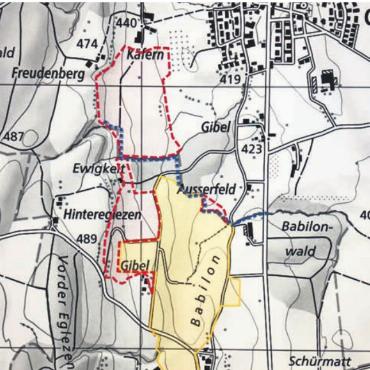 Deponie nach Oberrüti erweitern - Rot schraffiert: Die geplante Erweiterung der Aushubdeponie Babilon, zwischen Dietwil (unten) und Oberrüti (rechts oben).