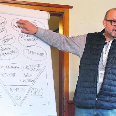 Infos für die «Visitenkarten» - Citymanager Ralph Nikolaiski erklärte, wo er die Gewerbler und die Stadtverwaltung in der Hierarchie sieht. Bild: Roger Wetli