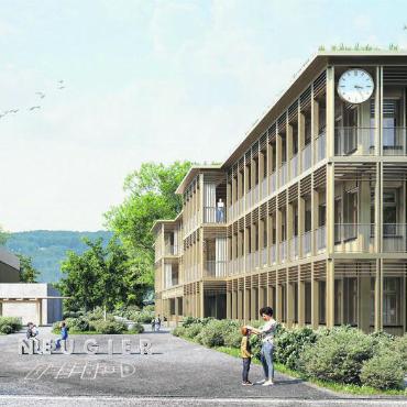 Projekt ist auf Kurs - Das neue Schulhaus soll zwischen Turnhalle und Festwiese gebaut werden. Pro Stockwerk sind zehn Schulzimmer geplant, im Erdgeschoss sind Räumlichkeiten für die Tagesstruktur vorgesehen. Visualisierung: zg