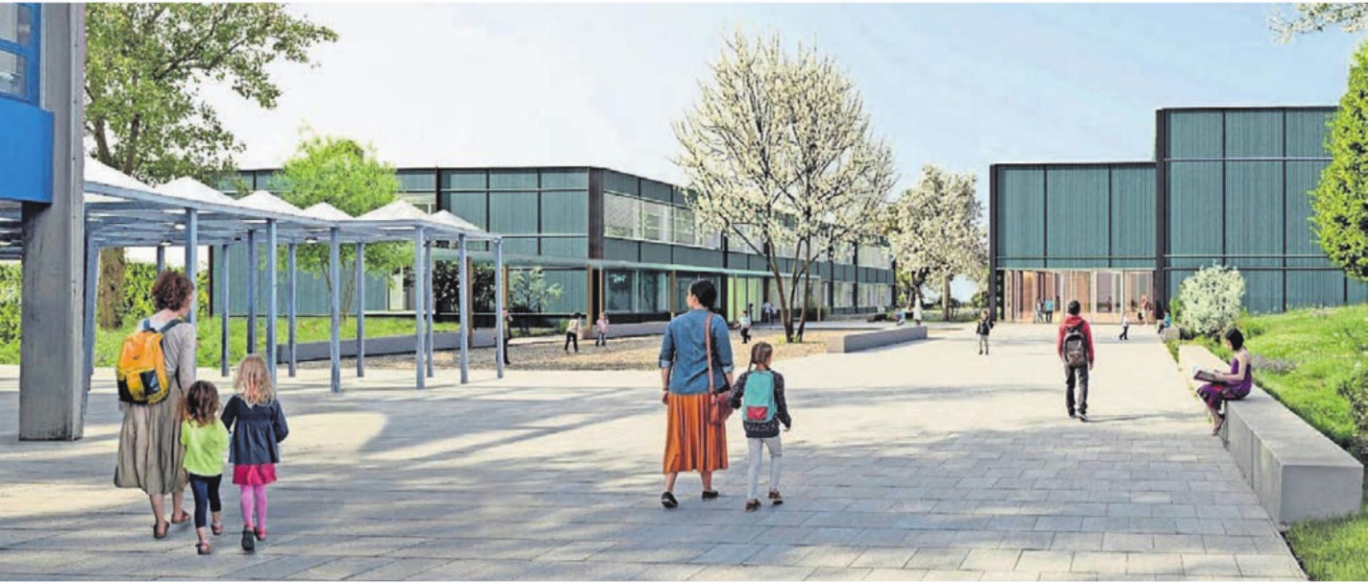 Das neue Schulhaus (links) und die neue Doppelturnhalle werden in Richtung des Parkplatzes Aettigüpfstrasse stehen. Bilder: zg - Das Bild wird blockiert. – Möglicherweise durch einen aktiven Adblocker.