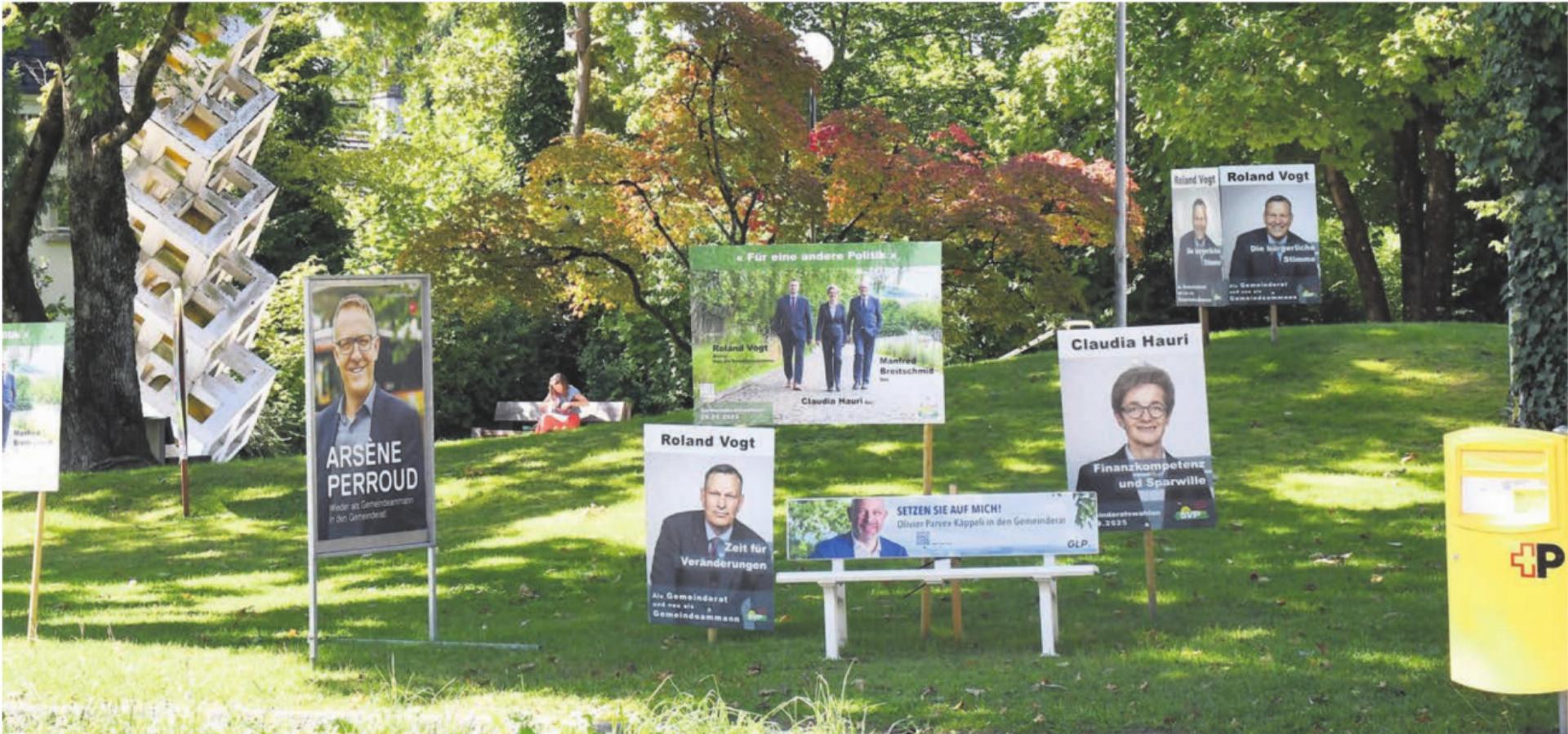 Selten zuvor gab es bei Gemeinderatswahlen so viele Wahlplakate wie in diesem Jahr (das Bild zeigt die Wiese vor dem Gemeindehaus): Selbst ein Teil der neun Kandidierenden findet, dass die Anzahl nun an der oberen Grenze angelangt ist. Bild: Daniel Marti - Das Bild wird blockiert. – Möglicherweise durch einen aktiven Adblocker.