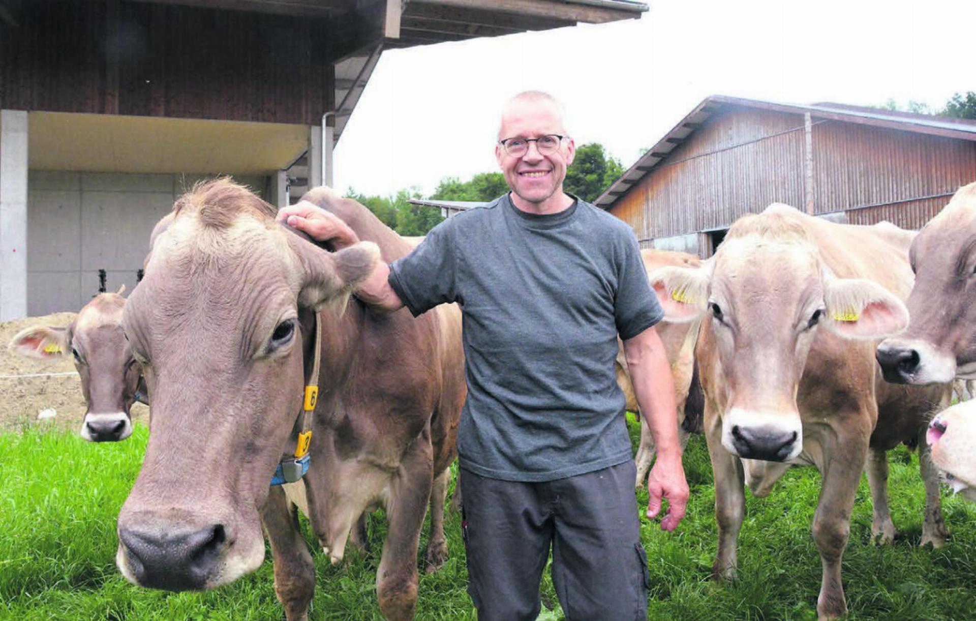 Hanspeter Müller inmitten seiner Milchkuh-Herde. Fanta ist dafür verantwortlich, dass er mit 21 Kühen über 100 000 Kilogramm Milchleistung den nationalen Rekord hält. Bild: Annemarie Keusch