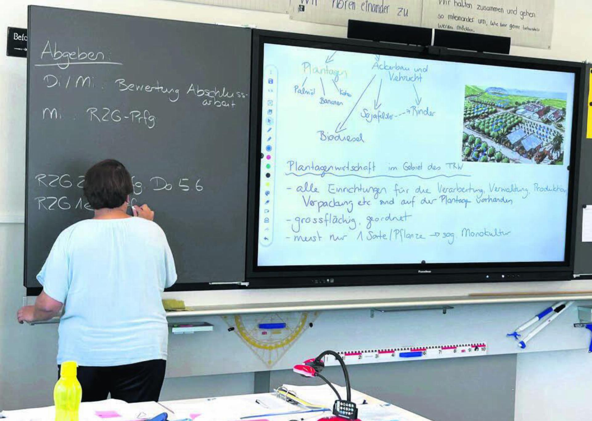 So sollen die Klassenzimmer der Oberstufe künftig überall daherkommen. Digital (rechts) für den Unterricht. Mit einem klassischen Kreideteil für ausgewählte Notizen. Dieses Modell hat sich in einem rund dreijährigen Pilotprojekt bewährt. Bild: zg