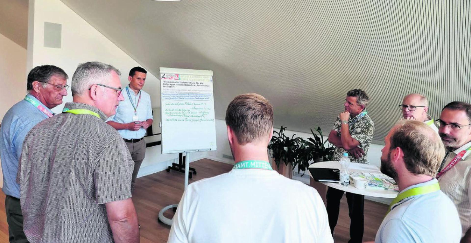 Im «World Café» ging es alle zehn Minuten zu einer neuen Fragestellung. Wie hier bei Moderator Pascal von Tobel (links neben Flipchart), der die Voten aufnahm. Ein intensiver Austausch und aufmerksames Zuhören fanden dennoch statt. Bild: Verena Anna Wigger