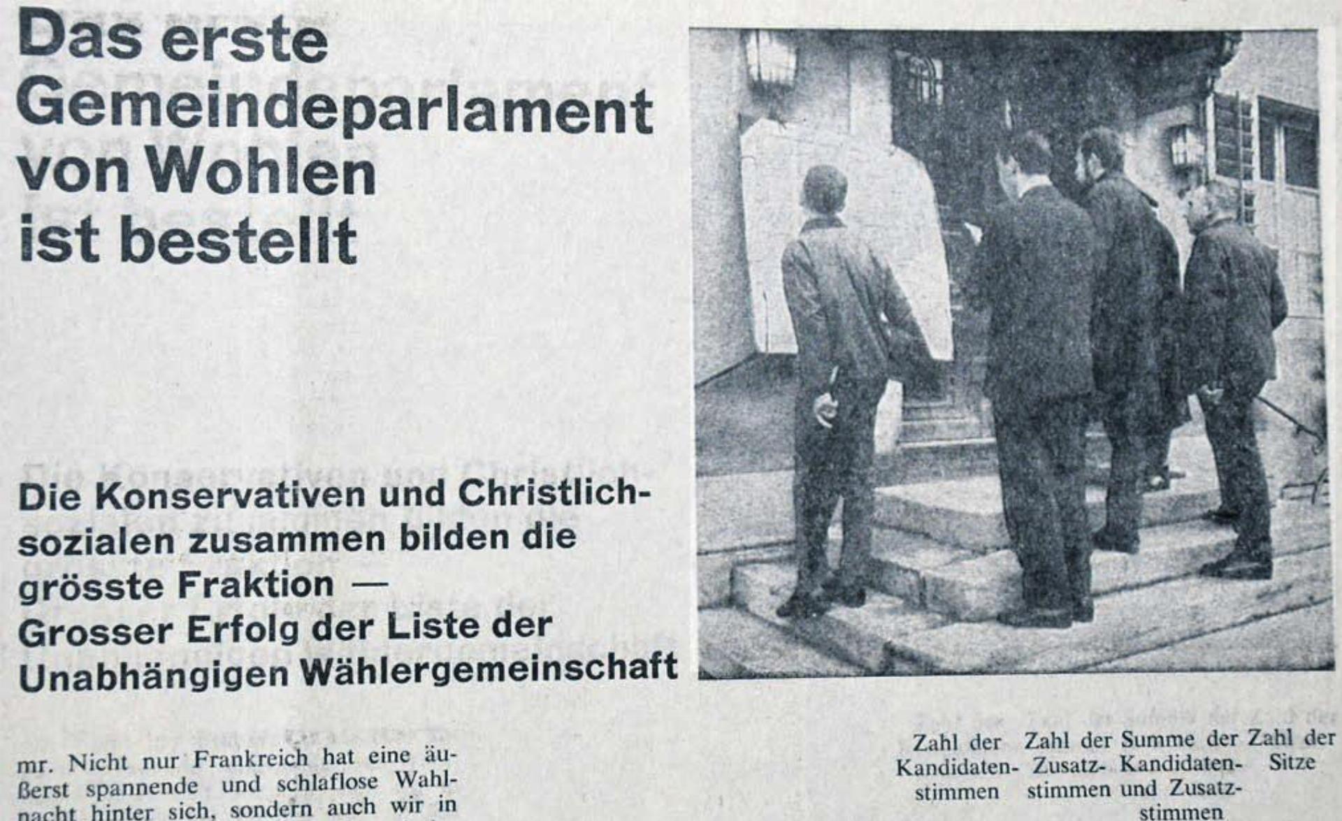 Zeitungsausschnitt aus dem «Wohler Anzeiger»: Am Sonntag, 5. Dezember 1965, wurde gewählt. Erst am Montagmorgen standen die Resultate des ersten Einwohnerrates fest, sie wurden beim Gemeindehaus bekannt gegeben. Bilder: Archiv/dm