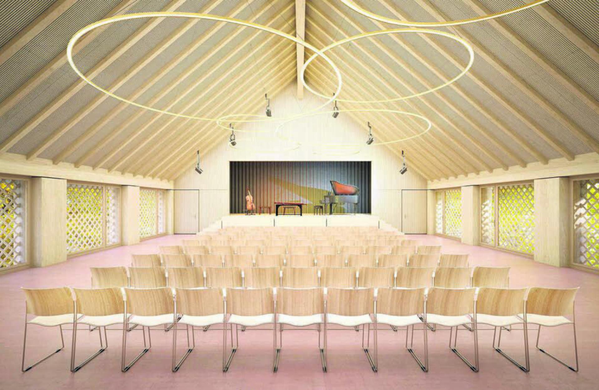 So soll der Kultursaal im neuen Gemeindehaus dereinst aussehen. Uneinig ist man sich in Niederwil darüber, wo er sein soll. Wie geplant im Dachgeschoss? Oder doch besser ebenerdig? Diese Frage wird an der Urne entschieden. Visualisierung: zg
