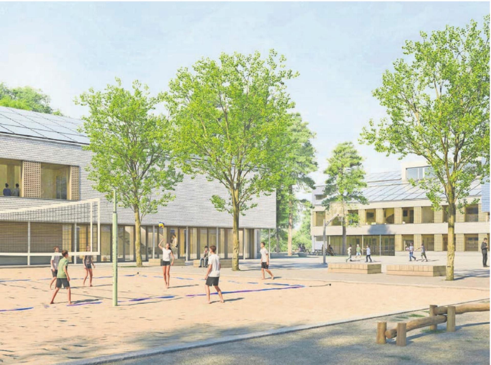 Das Siegerprojekt «Räuber und Poli» besticht insbesondere auch durch die Schaffung eines attraktiven Pausenplatzes. Bilder: zg / Roger Wetli - Das Bild wird blockiert. – Möglicherweise durch einen aktiven Adblocker.