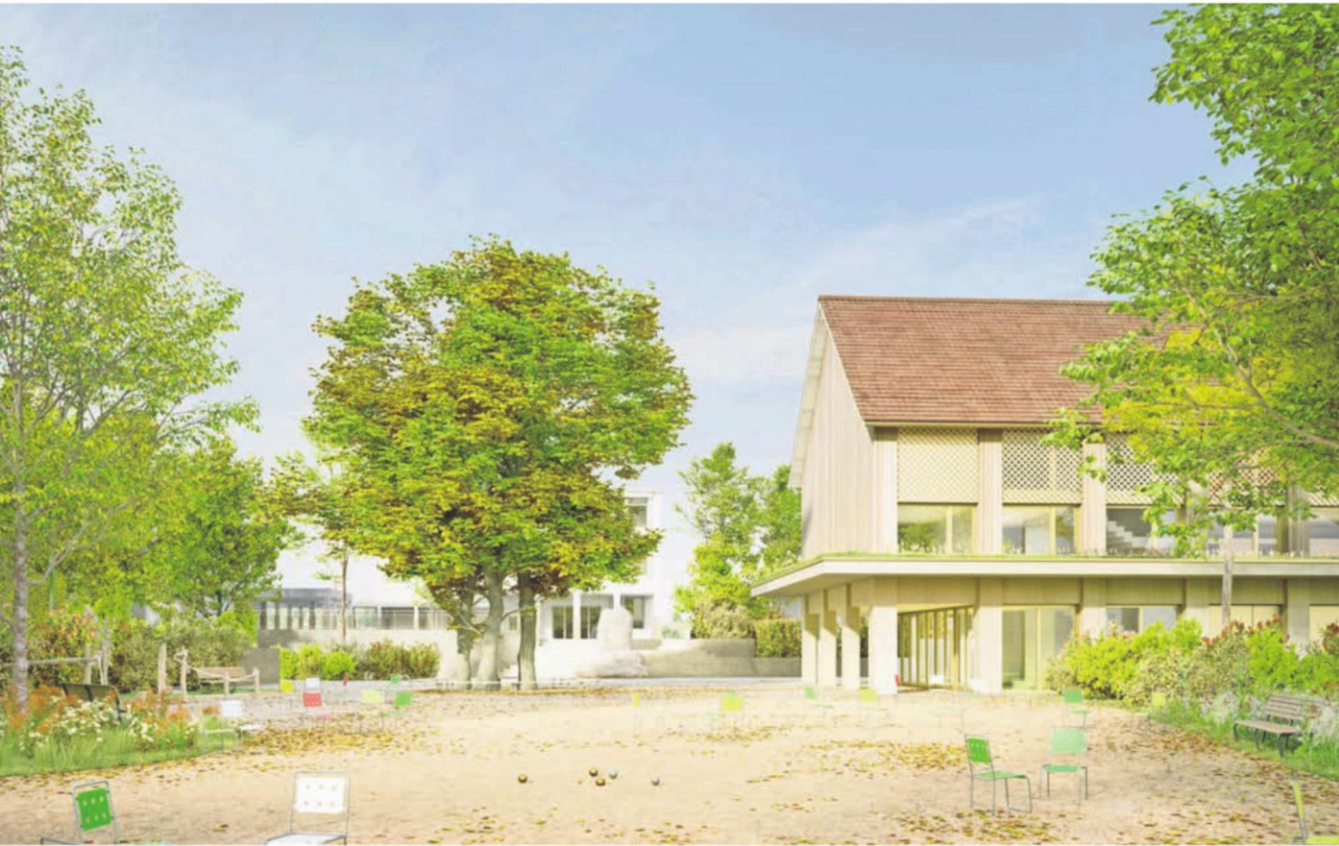 So könnte das neue Gemeindehaus dereinst aussehen. In der ursprünglichen Planung ist der Kultursaal im grosszügigen Dachgeschoss. Verschiedene Vereine hätten ihn lieber im Erdgeschoss. Visualisierung: zg - Das Bild wird blockiert. – Möglicherweise durch einen aktiven Adblocker.