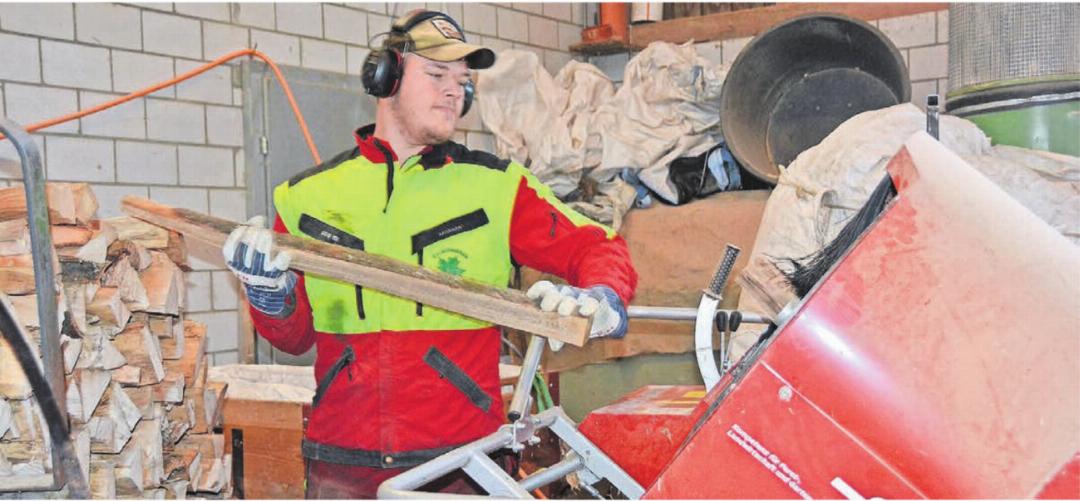 Forstwart Fabian Mäder füllt das Holz in die Trommelsäge ein. Die Maschine durchtrennt Rund- oder Spaltholz mit einer rotierenden Sägetrommel und macht daraus Brennholz.
Bild: Sabrina Salm Forstwart Fabian Mäder füllt das Holz in die Trommelsäge ein. Die Maschine durchtrennt Rund- oder Spaltholz mit einer rotierenden Sägetrommel und macht daraus Brennholz.
Bild: Sabrina Salm