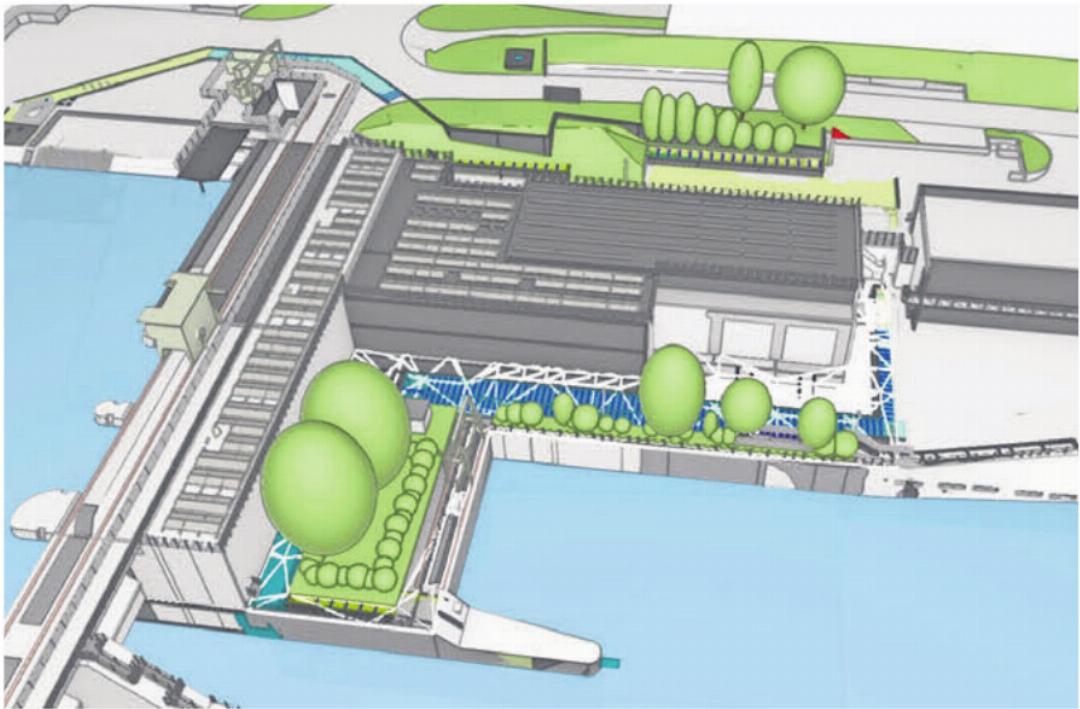 Was auf der Visualisierung aussieht wie ein hübsches Bächlein rund ums Kraftwerk, ist die geplante neue Fischaufstiegshilfe (in Blau). Dafür werden rund ums Gebäude, am Ufer und unter Wasser Arbeiten nötig – bei laufendem Betrieb. Bild: zg Was auf der Visualisierung aussieht wie ein hübsches Bächlein rund ums Kraftwerk, ist die geplante neue Fischaufstiegshilfe (in Blau). Dafür werden rund ums Gebäude, am Ufer und unter Wasser Arbeiten nötig – bei laufendem Betrieb. Bild: zg