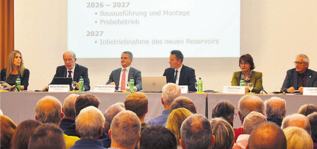 Bilder: Thomas Stöckli Nach dem deutlichen Ja im vollen Säntissaal soll das neue Wasserreservoir bereits 2027 in Betrieb genommen werden. Von links: Julia Huber, Dieter Brodbeck, Ammann Philipp Ackermann, Schreiber Lorenz Staubli, Doris Haas und Luigi Alberti. Bilder: Thomas Stöckli Nach dem deutlichen Ja im vollen Säntissaal soll das neue Wasserreservoir bereits 2027 in Betrieb genommen werden. Von links: Julia Huber, Dieter Brodbeck, Ammann Philipp Ackermann, Schreiber Lorenz Staubli, Doris Haas und Luigi Alberti.
