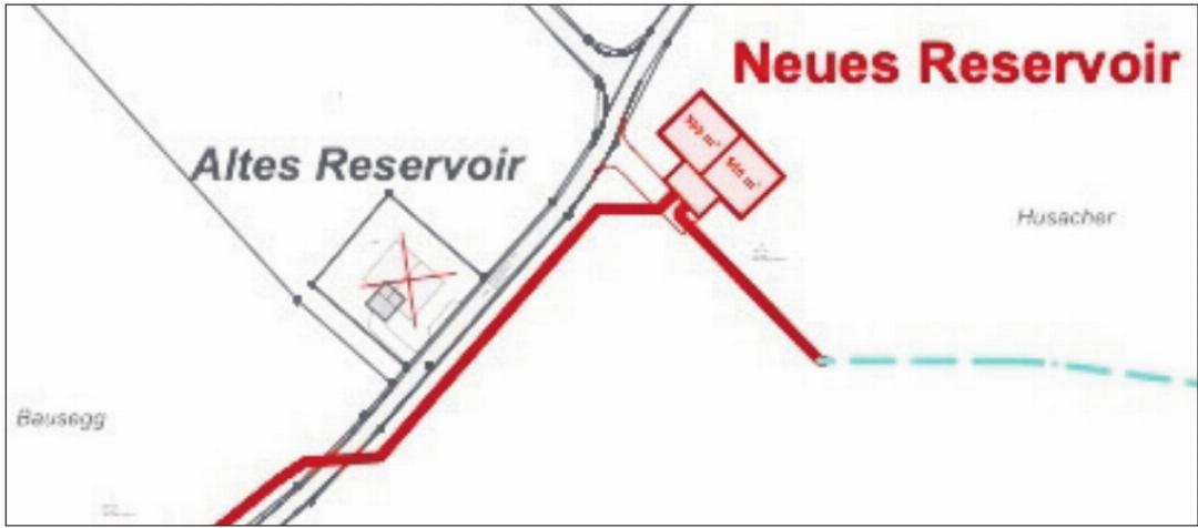 Der Situationsplan: In Grün die bestehende Leitung, in Rot die neuen. Der Situationsplan: In Grün die bestehende Leitung, in Rot die neuen.