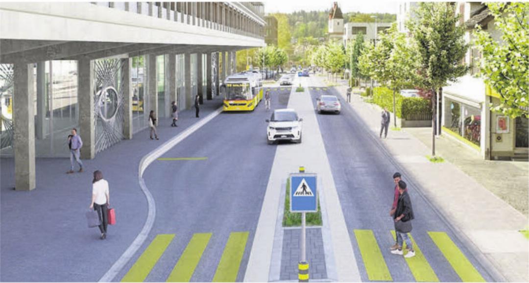 So sollen der neue Bushof und die umgestaltete Zürcherstrasse dereinst aussehen. Auf der Gleisseite des Bahnhofsgebäudes sind weitere drei Buskanten geplant. Bild: zg So sollen der neue Bushof und die umgestaltete Zürcherstrasse dereinst aussehen. Auf der Gleisseite des Bahnhofsgebäudes sind weitere drei Buskanten geplant. Bild: zg