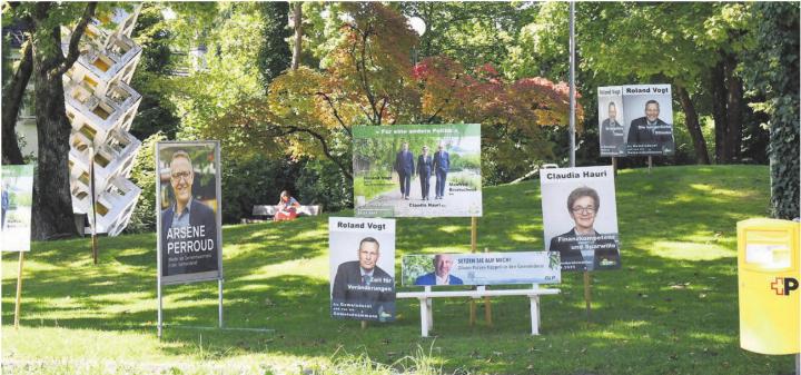 Selten zuvor gab es bei Gemeinderatswahlen so viele Wahlplakate wie in diesem Jahr (das Bild zeigt die Wiese vor dem Gemeindehaus): Selbst ein Teil der neun Kandidierenden findet, dass die Anzahl nun an der oberen Grenze angelangt ist. Bild: Daniel Marti