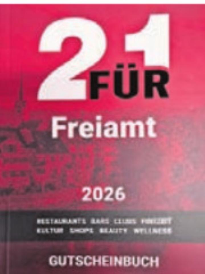 dies immer zum halben Preis oder für zwei Gäste, von denen nur einer bezahlt.
Zu gewinnen
Wir verlosen 10 Gutscheinbücher «2für1 Freiamt 2026» an unsere Abonnentinnen und Abonnenten.
Schreiben Sie uns bis am Dienstag, 16. Dezember, eine E-Mail an: verlosung@freiaemterregionalzeitungen.ch mit Vermerk «2für1 Freiamt» und Angabe Ihrer Adresse und Telefonnummer. Die Gewinner werden per E-Mail benachrichtigt.
«2für1 Freiamt 2026»: Bei allen Partnern erhältlich oder unter www.2f1.ch.