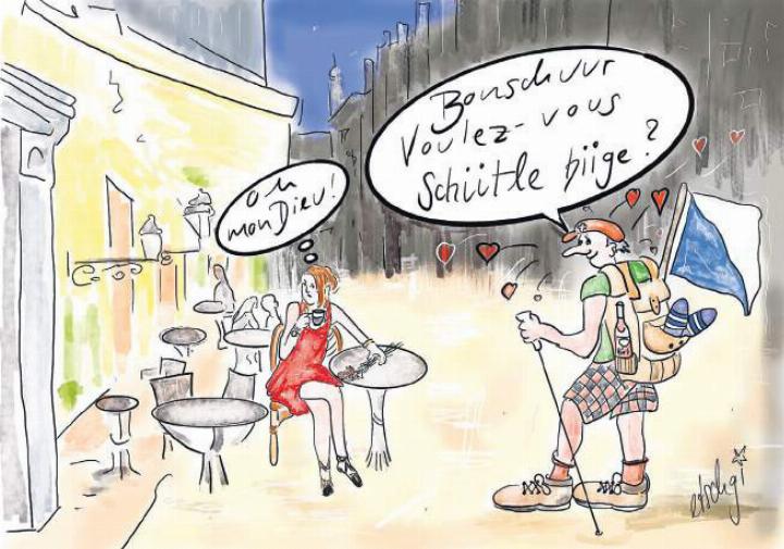 «Oh mon Dieu, das Französisch und wir Deutschschweizer», schreibt Karikaturistin Etschgi. Für dieses Bild habe sie mit ihrer Nachbarin gesprochen. «Elle vient de Neuchâtel» und sie gefragt: «Du, wie ist das eigentlich mit dem Deutschlernen in der Romandie?» – «Oh, là, là – Deutsch ist fürchterlich schwierig, all die verschiedenen Fälle, Akkusativ und so weiter! Horrible! Also, das macht uns allen keinen Spass, die anderen Sprachen unseres Landes zu lernen.» Und doch ist es für die Verständigung sehr wichtig. Etschgi: «Vielleicht sollten wir beim Wort Spass ansetzen und die Sprachen lebendig machen, vom Zwang befreien, vom schriftlichen Lernen ‹à la dictée› und von den Noten befreien, und alle, die sprachbegabt und freudig Französisch in der Primarschule lernen wollen, machen lassen, und wer Mühe hat, soll es sein lassen. Aber wir lernen mit Spass. Avec plaisir.» Bild: Etschgi