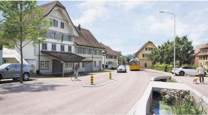 So könnte die Marktstrasse (hier Höhe Volg) später einmal aussehen. Mit der Bachöffnung als klarer Mehrwert. Visualisierung: zg