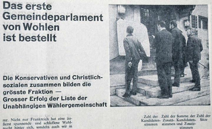 Zeitungsausschnitt aus dem «Wohler Anzeiger»: Am Sonntag, 5. Dezember 1965, wurde gewählt. Erst am Montagmorgen standen die Resultate des ersten Einwohnerrates fest, sie wurden beim Gemeindehaus bekannt gegeben. Bilder: Archiv/dm