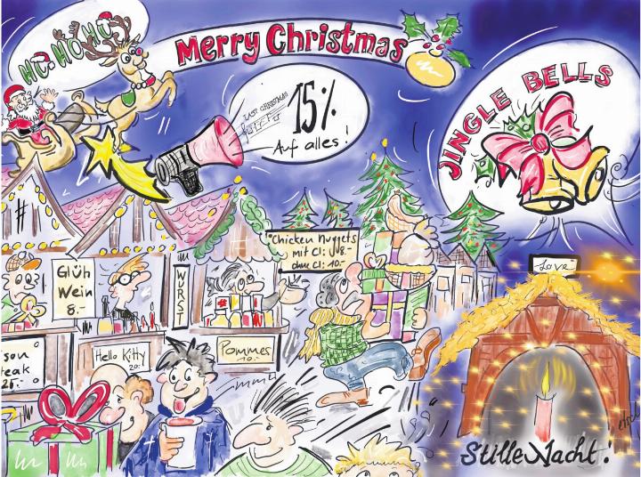 «Mich dünkt, dieses Jahr ist die Weihnachtszeit schnell, laut und sehr amerikanisch geprägt», schreibt Karikaturistin Etschgi. So sei auch ihr Cartoon ausgefallen. «Eben schnell, überladen und very american. Doch hoffe ich, dass alle ihre Ruhe finden und ihre stille Nacht, um das geht es ja eigentlich an Weihnachten.» In diesem Sinne «Frohe Weihnachten» wünschen Etschgi, Redaktion und Verlag. «Und viel Zeit mit den Liebsten.» Etschgi Bild: Etschgi