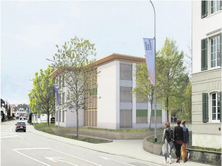 Die Visualisierung zeigt, wie sich das neue Schulhaus dereinst in das Dorfbild integrieren soll. Bild: zg