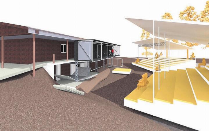 So stellt sich Bühnenbauer Stefan Hegi die Szenerie vor. Die Bühne befindet sich auf zwei Ebenen direkt vor dem Forsthaus, die Tribünen werden auf dem grossen Kiesplatz aufgebaut. Bilder: zg