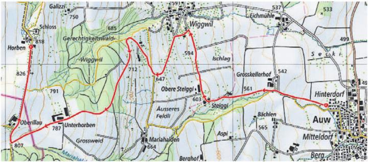 Die Zeitmessstrecke führt von Auw (rechts) auf den Horben. Bild: zg