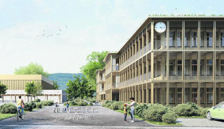 Das neue Schulhaus soll zwischen Turnhalle und Festwiese gebaut werden. Pro Stockwerk sind zehn Schulzimmer geplant, im Erdgeschoss sind Räumlichkeiten für die Tagesstruktur vorgesehen. Visualisierung: zg