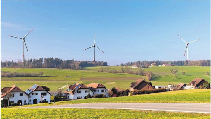 Die Visualisierung der Vereinigung «Gegenwind Knonaueramt» zeigt, wie massiv die Windräder die Gemeinde Arni einkreisen würden. Auf der gegenüberliegenden Seite der Gemeinde ist ebenfalls ein Windpark geplant. Bild: zg