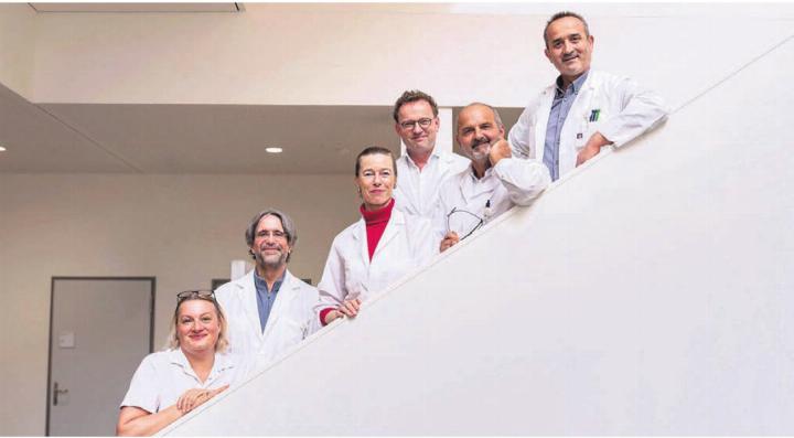 Freuen sich über die verstärkte Zusammenarbeit (von links): Cornelia Hahn, Leitende Ärztin Frauenklinik Spitalverband Limmattal; Oliver Goette, Leitender Arzt Gynäkologie und Geburtshilfe Spital Muri; Kirsten Stähler, Chefärztin Gynäkologie und Geburtshilfe Spital Muri; Arno Gschwendtner, Leitender Arzt Gynäkologie und Geburtshilfe Spital Muri; Renato Müller, Chefarzt Frauenklinik Spitalverband Limmattal; Georgios Potsis, Leitender Arzt Gynäkologie und Geburtshilfe Spital Muri. Bild: zg