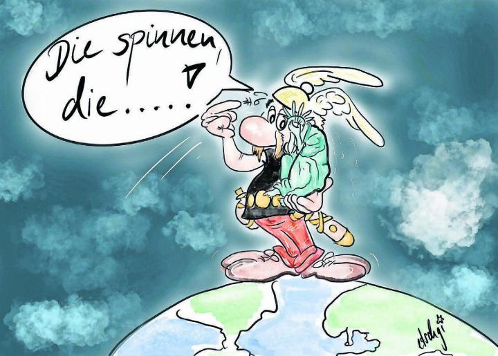 Kürzlich besuchte Karikaturistin Etschgi die Karikatur-Ausstellung «gezeichnet». Das habe auch sie persönlich gezeichnet, speziell wenn es um die Meinungsfreiheit geht. Sie schreibt dazu: «Es ist absurd, die Welt spielt verrückt. Die spinnen, die Männer und Frauen mit und ohne Frisur endet dem Teich oder im kalten Osten, im Süden oder bei unserem nördlichen Nachbarn. Es spinnen total die Totalitären, die Libertären und sie spinnen in neuen Sphären.» Auch Etschgi fange selber langsam an zu spinnen, hält sie fest. Darum sollte Folgendes mal gesagt sein: «Deine Meinung ist gefragt … Aber nicht dass es kracht, sag sie mit Bedacht.» Bild: Etschgi