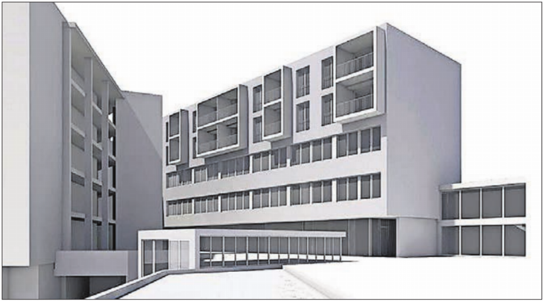 Eine erste Visualisierung: Der frühere Haupteingang verändert mit dem neuen Annexbau (rechts) sein Gesicht komplex. Eine Passerelle führt zum geplanten Mehrfamilienhaus. Eine erste Visualisierung: Der frühere Haupteingang verändert mit dem neuen Annexbau (rechts) sein Gesicht komplex. Eine Passerelle führt zum geplanten Mehrfamilienhaus.