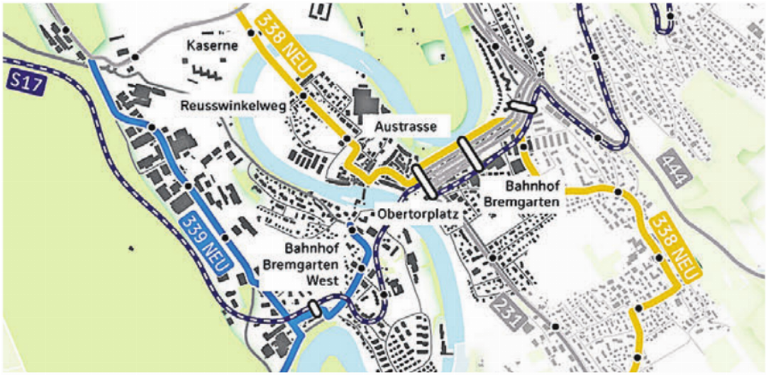 Von Zufikon bis zur Kaserne: Hier würde die Linie 338 neu durchführen (in Gelb). Von Zufikon bis zur Kaserne: Hier würde die Linie 338 neu durchführen (in Gelb).