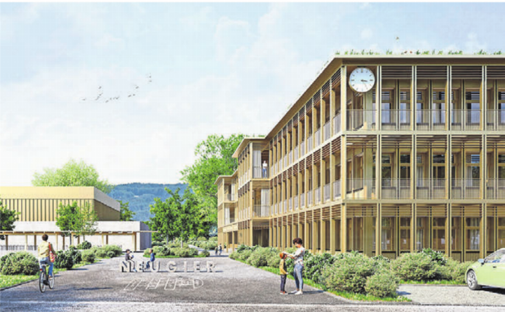 So soll das neue Mittelstufenschulhaus später einmal aussehen. Aktuell führt eine Beschwerde zu Verzögerungen. Visualisierung: Archiv