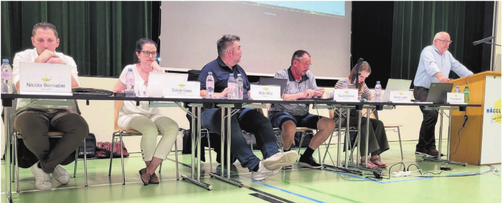 Der Gemeinderat hatte an diesem Abend leichtes Spiel, alle Anträge passierten problemlos. Von links: Gemeinderat Nicola Bernabei, Gemeinderätin Sonja Gass, Gemeinderat Röbi Wirz, Vizeammann Ruedi Schmid, Gemeindeschreiberin Selina Lusser und Gemeindeammann Franz Schaad. Bild: Chregi Hansen