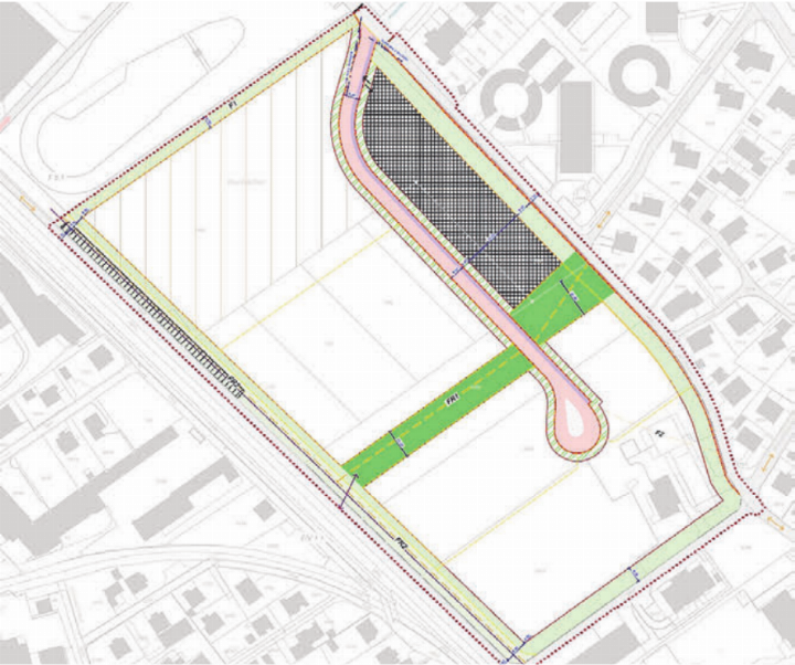 Der Erschliessungsplan Wil/Huebächer mit Erschliessungsstrasse (rot), Aufenthaltsraum (dunkelgrün) und Bereich Parkhaus (kariert). Bild: gk