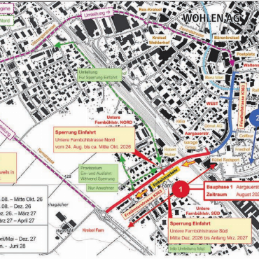 Jetzt geht es endlich los - Der Plan zeigt den Ablauf der Sanierung mit den zwei Bauphasen und die geplante Umleitung dorfeinwärts. Betroffen sind teilweise auch die Einfahrten in die Untere Farnbühlstrasse.