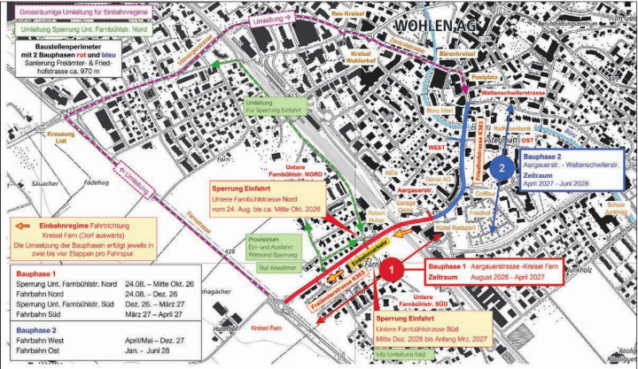 Der Plan zeigt den Ablauf der Sanierung mit den zwei Bauphasen und die geplante Umleitung dorfeinwärts. Betroffen sind teilweise auch die Einfahrten in die Untere Farnbühlstrasse.